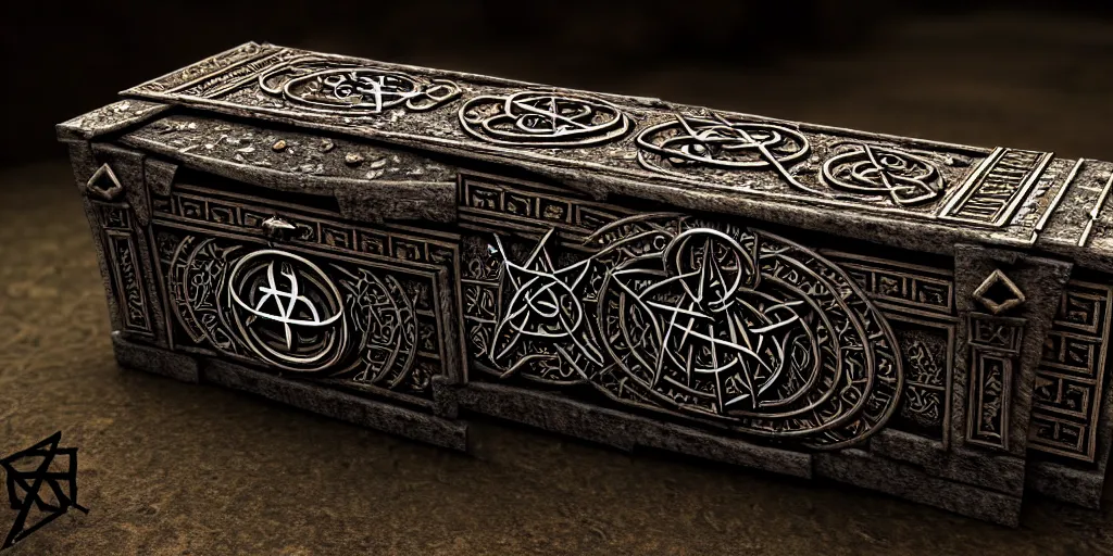 Image similar to an ancient ornate intricate old spell satanic coffin with the sigil symbol of evil emblazoned on the cover, in a unknown cave, cinematic, realistic, intricate detail, finely detailed, small details, extra detail, photorealistic, high resolution, 3 d, pbr, path tracing, volumetric lighting, octane render, arnold render, 8 k