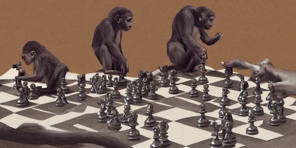 Prompt: a monkey winning a chess game to a human, hyper detailed, hyperrealistic