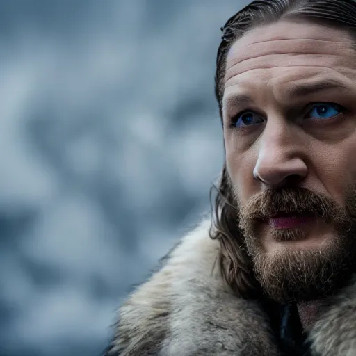 Prompt: A cinematic film still of Tom Hardy starring as Eddard Stark, portrait, 40mm lens, shallow depth of field, close up, split lighting, cinematic