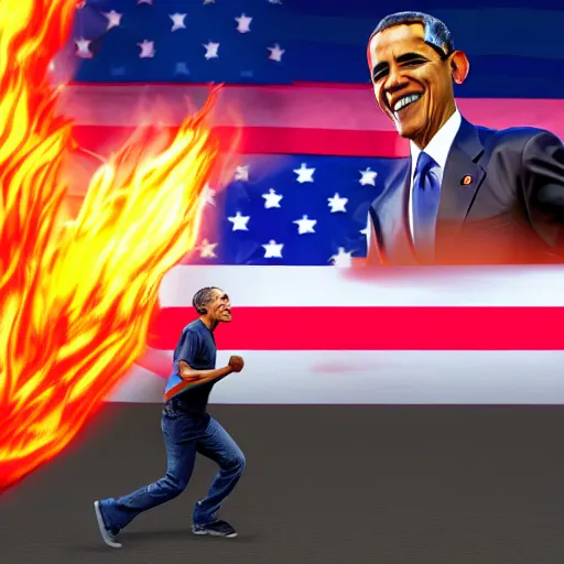 Image similar to Obama is buffed has a blue realistic VFX fire engulfing his hand, Obama is smiling and running towards the viewer, 40nm lens, 4k,