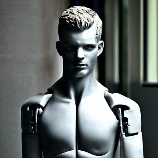 Image similar to “a realistic detailed photo of a guy who is an attractive humanoid who is half robot and half humanoid, who is a male android, Kevin Magnussen, shiny skin, posing like a statue, blank stare”