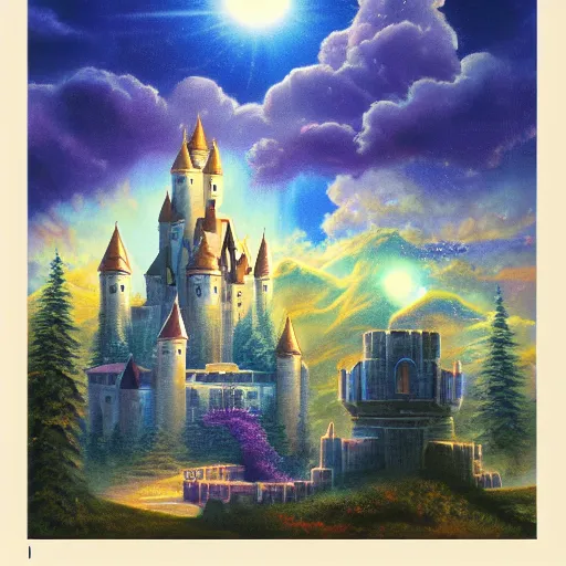 Prompt: Castle in the clouds, celestial light, divine, in the style of Wylie Beckert