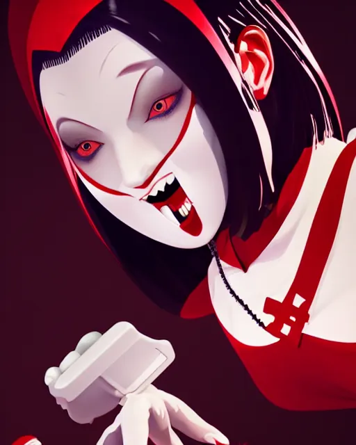 Image similar to beautiful female vampire nurse, symmetrical face, evil grin, nurse outfit, cinematic, dramatic, super detailed and intricate, 4 k render, by koson ohara, by darwyn cooke, by satoshi kon