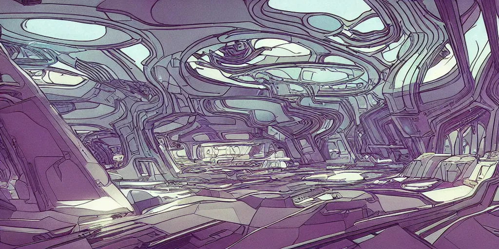 Image similar to the interior of a crystalline sci-fi spaceship made with highly evolved elven architecture and technology, style of Moebius comic art