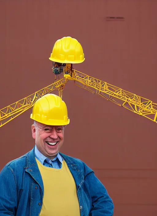 Image similar to closeup portrait of cheerful homer simpson as a crane operator, yellow hardhat, sitting in a crane, natural light, bloom, detailed face, magazine, press, photo, steve mccurry, david lazar, canon, nikon, focus