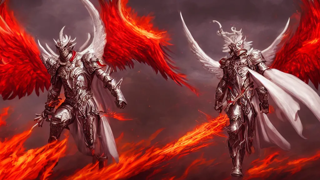 Prompt: male angel flying over hell, flame sword, white metallic armor, red cape, detailed arms, intricate white armor, two arms, two legs, detailed fanart, rpg art, d&d art, macro art, digital art, DeviantArt, artstation, 8k HD