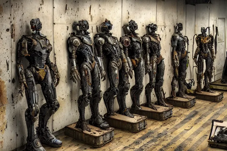 Prompt: photo taken of an epic intricate, ultra detailed, super realistic gritty, hero prop, exquisitely weathered fallout 4 power amour suit movie prop replica's in a row in the workshop, created by weta workshop, full body shot, photorealistic, sharp focus, white wall, cold colour temperture, golden ratio