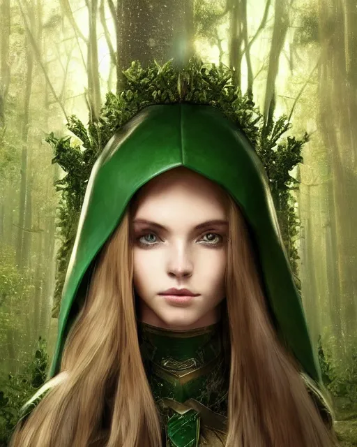 Image similar to a beautiful image of a young woman, green elf ranger with long flowing hair and a green leather hood, elf ranger leather armor with olive green and brown colors and gold lining, young female face, realistic body proportions, proper female figure, inside deep in a magical forest, cinematic top lighting, insanely detailed and intricate, face by wlop, Charlie Bowater, designs by zhelong xu and gustave doré, golden ratio, symmetric, elegant, ornate, luxury, elite, matte painting, cinematic, trending on artstation, deviantart and cgsociety, 8k, high resolution