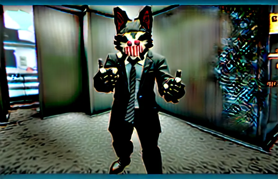 Image similar to screenshot from the pc game payday 2 demonstrating the fursuit unlock