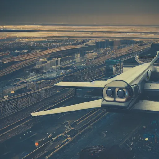 Image similar to high quality photo of a futuristic airplane, style of simon stalenhag photography 4k, f1.8 anamorphic, bokeh, 4k, Canon, Nikon