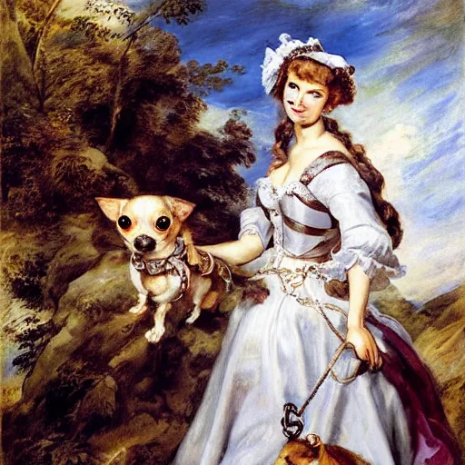 Prompt: heavenly summer sharp land sphere scallop well dressed lady walking her chihuahua on a leash auslese, by peter paul rubens and eugene delacroix and karol bak, hyperrealism, digital illustration, fauvist, chihuahua on a leash