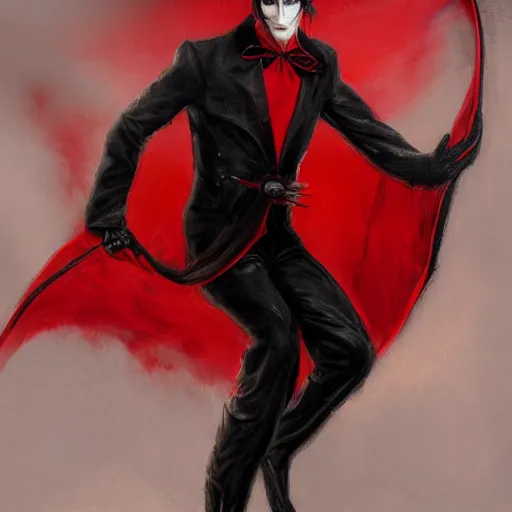 Prompt: a vampire, male, mid - 4 0 s aged, long, slicked black hair, clean shaven, in red and black, regal, high fantasy, oil painting, realistic, full body shot, concept art.