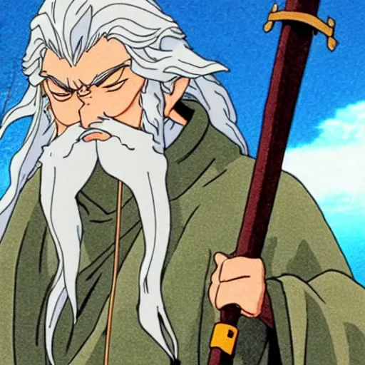 Image similar to gandalf from the anime lord of the rings (1986), holding a wooden staff, studio ghibli, very detailed, realistic