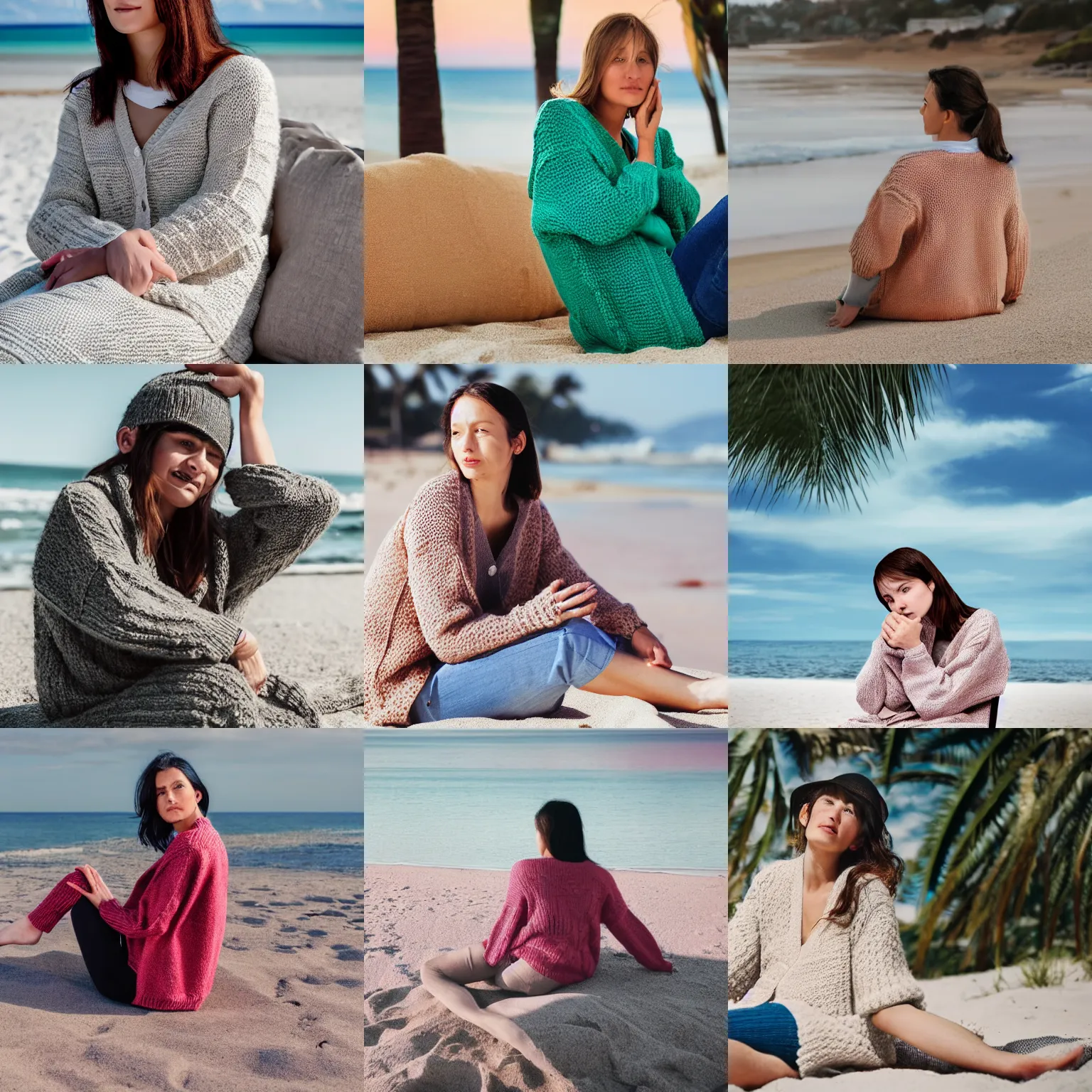 Prompt: a woman in her twenties wearing a knit cardigan on top of a knit sweater, shivering cold with her arms crossed tightly, sitting in a lounge chair on a tropical beach in the summer, 2019, photorealistic, 4k, 8k