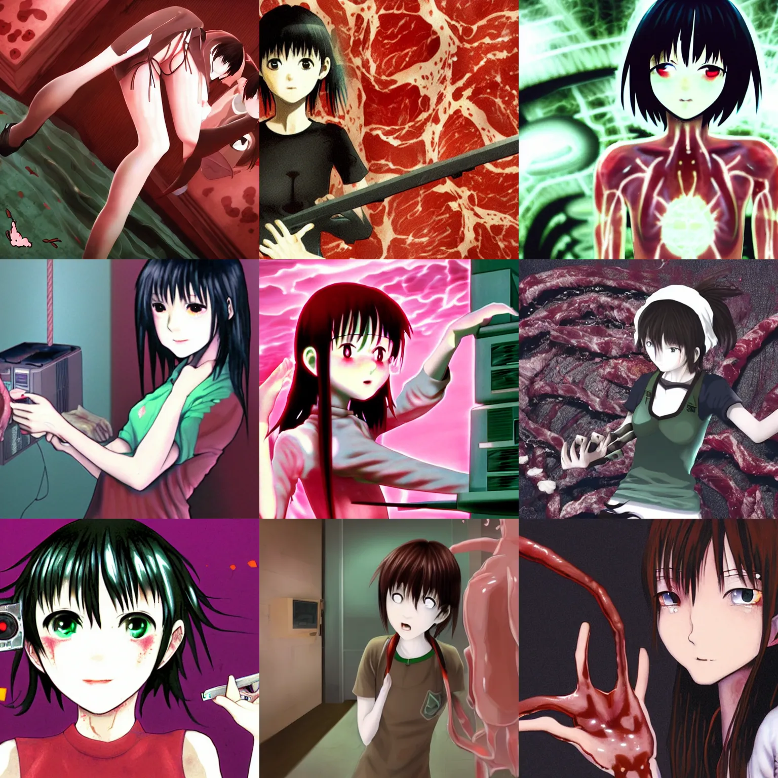 Prompt: Lain (from serial experiments lain) playing meat-made Saya-styled-Xbox bodyhorror cute art, saya no uta, hyperreality 8k