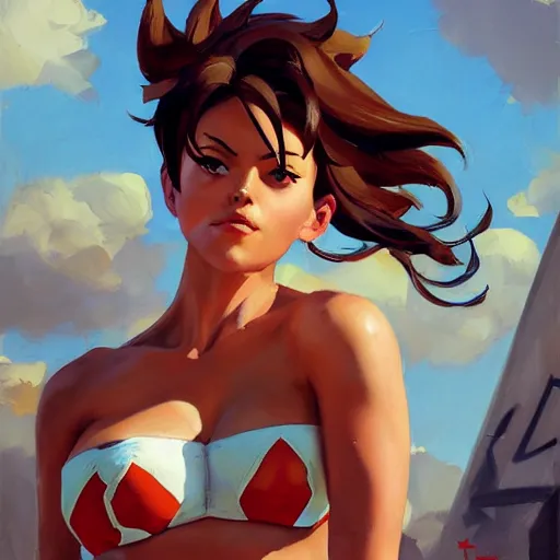 Image similar to greg manchess portrait painting of overwatch's tracer in a bikini, pinup art, medium shot, asymmetrical, organic painting, sunny day, matte painting, bold shapes, hard edges, street art, trending on artstation, by huang guangjian and gil elvgren and sachin teng