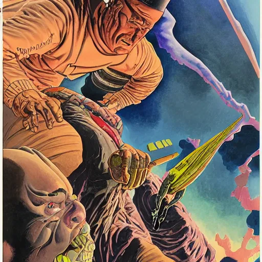 Prompt: jean giraud and moebius and don lawrence and alex ross and john romita jr, gouache and wash paints, detailed details / desperate life of john doe