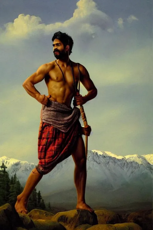 Prompt: an ethereal dramatic homoerotic painting of a handsome!! shirtless desi mountaineer | he is wearing a plaid kilt and cowboy hat, and holding a wooden pole | triumphant pose | background is mountains and clouds | dramatic lighting, golden hour, realistic, highly detailed | by clyde aspevig, by lawren harris, by paul cadmus | trending on artstation