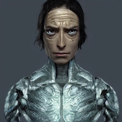 Prompt: A mugshot of a genetically enhanced superbright genius criminal man with features of a chitinous anthropod demigod, still from alita, matte painting, Artstation, CGsociety