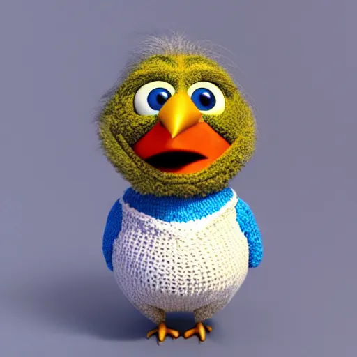 Image similar to anthropomorphic cute bird character wearing a knitted sweater, Disney Pixar, in the style of claymation, high detail, detailed feathers and fur, 3d render