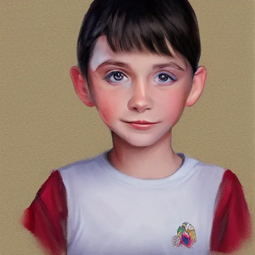 Prompt: a digital portrait of a 7 year old with black hair,hazel green eyes, drawn in the style of mark Arian