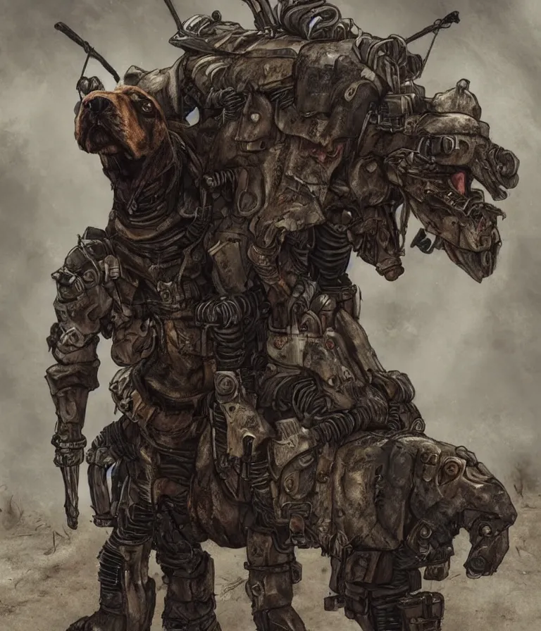 Image similar to a good ol'hound dog fursona ( from the furry fandom ), heavily armed and armored facing down armageddon in a dark and gritty version from the makers of mad max : fury road. witness me.