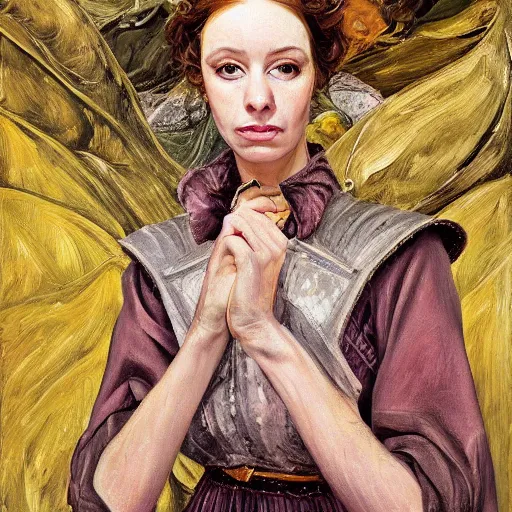 Image similar to high quality high detail portrait of a young gorgeous female warlock, fantasy, d & d, painting by lucian freud, hd