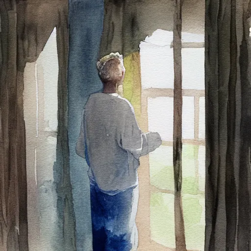 Image similar to person in pyjamas standing near window, sun rays, daylight, french door window, 2 4 mm, anamorph lenses, photorealistic, high ceiling, watercolor painting