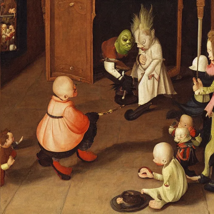 Image similar to a goblin child sitting alone watching children play, early netherlandish painting,