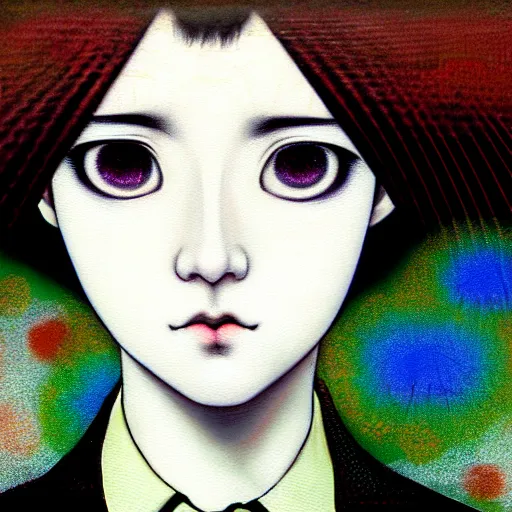 Image similar to yoshitaka amano blurred and dreamy realistic three quarter angle portrait of a young woman with short hair and black eyes wearing office suit with tie, junji ito abstract patterns in the background, satoshi kon anime, noisy film grain effect, highly detailed, renaissance oil painting, weird portrait angle, blurred lost edges