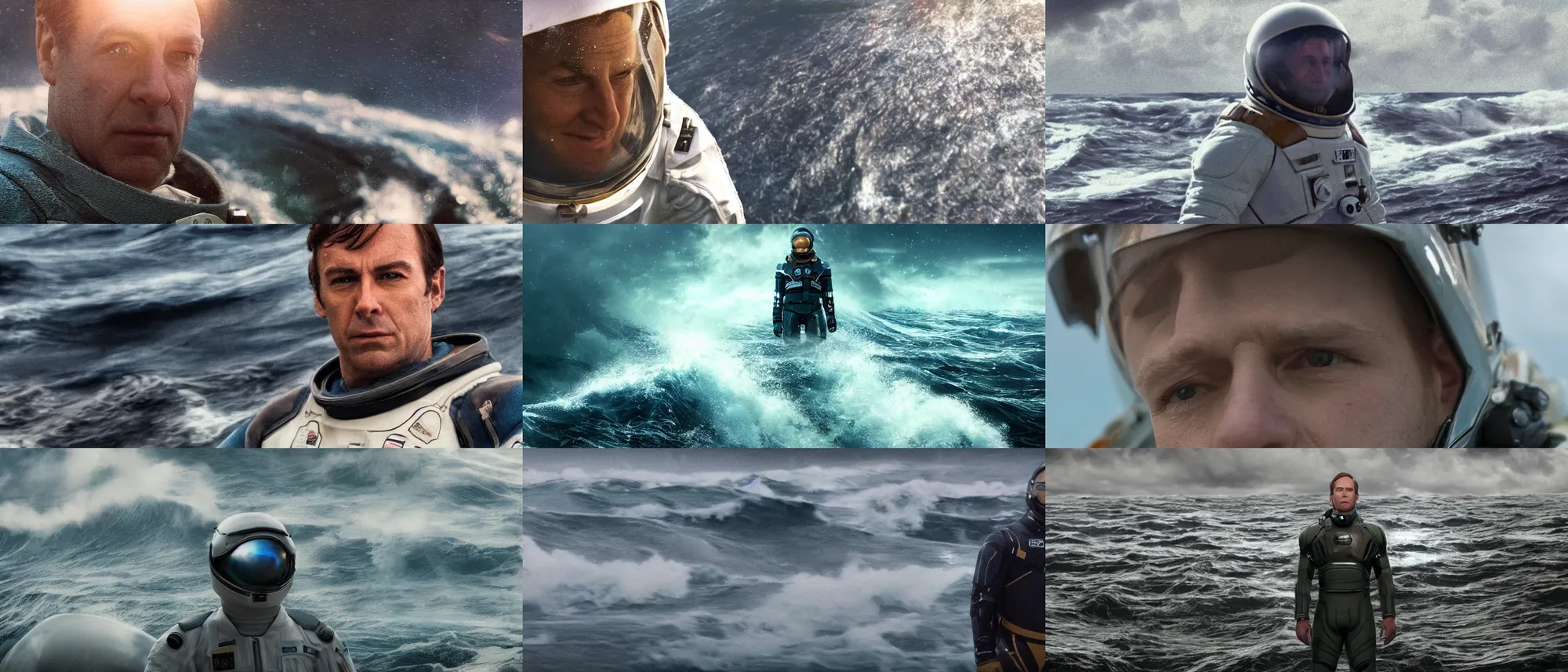 Prompt: on ocean , bokeh !!cinematic close up shot of saul goodman wearing the spacesuit in scene from the movie interstellar ,shady dull weather, panorama,natural dull colours, lens flares, anamorphic, epic cinematic, exteremely giant ocean wave in background