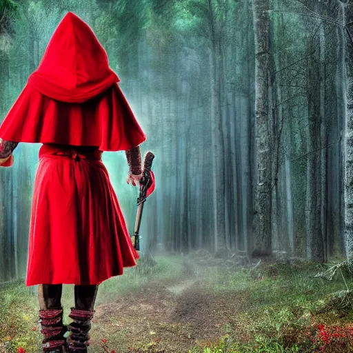 Image similar to full body photo red riding hood warrior, highly detailed, 4k, HDR, award-winning photo