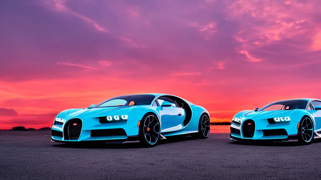 Image similar to synthwave bugatti chiron at sunset