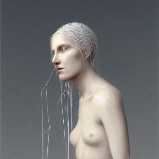 Prompt: Woman portrait, ice crystal wires everywhere, flat background, by Edgar Maxence and Ross Tran, Zdzisław Beksiński, and Michael Whelan, distant, gustav dore, H.R. Giger, 8k, octane render