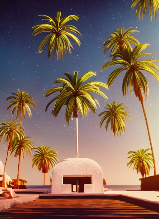 Image similar to ✈, Art Deco, in SANTORINI island, palm trees, crystal clear neon water, starry night, Trending artstation, octane render, cgsociety, surrealist, cinematic, shadow of the tomb rider