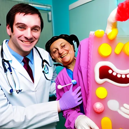 Image similar to photo of a happy patient and doctor or nurse in a hospital room made out of soft candy, candy hospital equipment, candy hospital room, candy treatments, oompa loompa virus, willy wonka pandemic