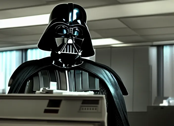 Image similar to film still of Darth Vader working in and office at a computer bored in the new Star Wars movie, 4k