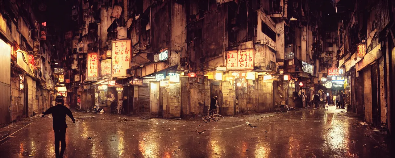 Image similar to dynamic pov 28mm lens view, following a black clad man running through a crowded narrow alley in kowloon walled city, , fluorescent lights, night, rain,, tungstem color balance, cinestill, street photography