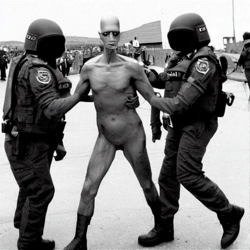 Image similar to extraterrestrial zeta reticulan grey alien, being arrested by spetsnaz