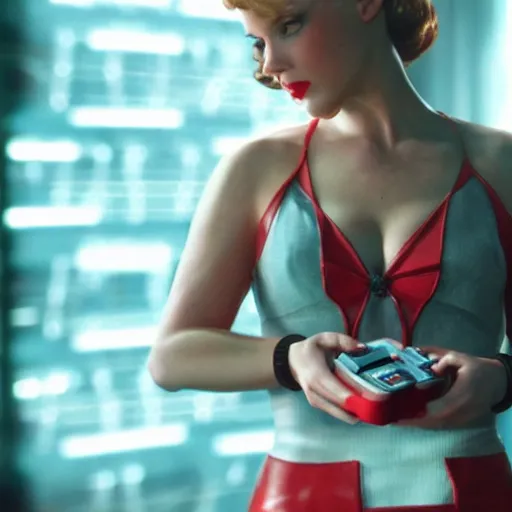 Prompt: a still of a pin up playing with a NES controller, in the movie Minority Report, highly detailed and intricate, cinematic lighting, 4k HDR