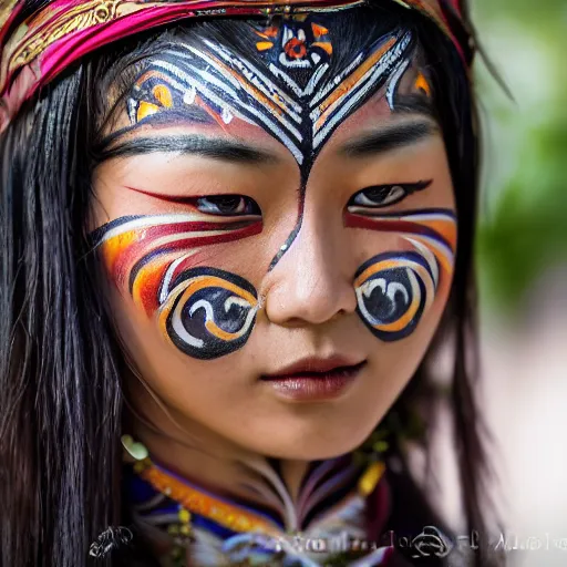 Prompt: portrait of a stunningly beautiful asian tribal female, small amount of traditional facepainting, depth of field, zeiss lens, detailed, symmetrical, centered, fashion photoshoot, by alphonse mucha, Annie Leibovitz and Steve McCurry, David Lazar, Jimmy Nelsson, Breathtaking, 8k resolution, extremely detailed, beautiful, establishing shot, artistic, hyperrealistic, beautiful face, octane render