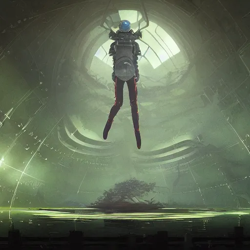 Prompt: Mattepainting an futuristic astronaut in an empty dark flooded ballroom overgrown with aquatic plants, by Noah Bradley and Andreas Rocha and Brian Sum and Makoto Shinkai.