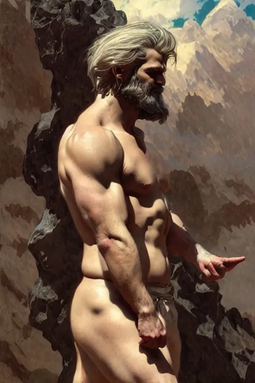 Image similar to painted portrait of rugged zeus, god of thunder, greek god, white hair, masculine, mature, handsome, upper body, flowy robe, muscular, hairy torso, fantasy, intricate, elegant, highly detailed, digital painting, artstation, concept art, smooth, sharp focus, illustration, art by gaston bussiere and alphonse mucha