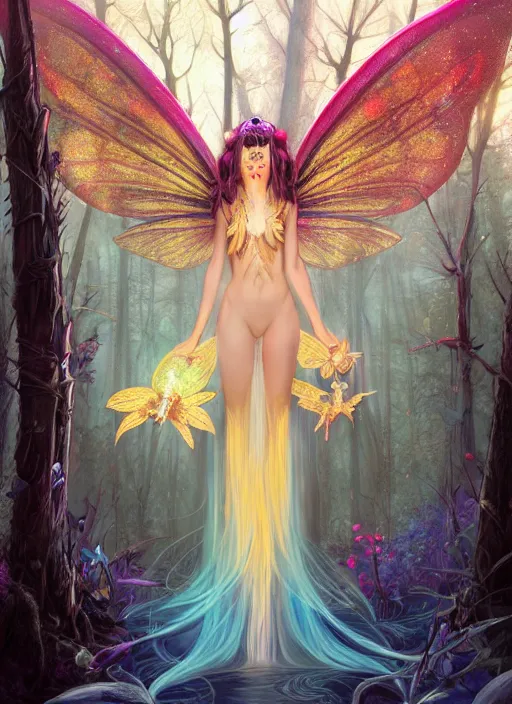 Image similar to stunningly beautiful female faerie priestess in amanita muscaria forest landscape, symmetrical wings on back, neon hair, fantasy art, wearing a dress of gossamer gold, dark light night, sharp focus, digital painting, 4 k, concept art, art by wlop, greg rutkowski and alphonse mucha, brom, face by otto schmidt