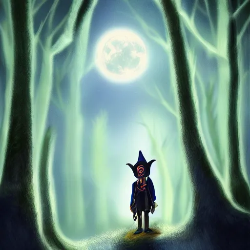 Image similar to portrait of the terrified Rincewind in the dark Forbidden Forrest, at night, full moon, blue tones, detailed, hyperrealistic, colorful, cinematic lighting, digital art by Kate Oleska