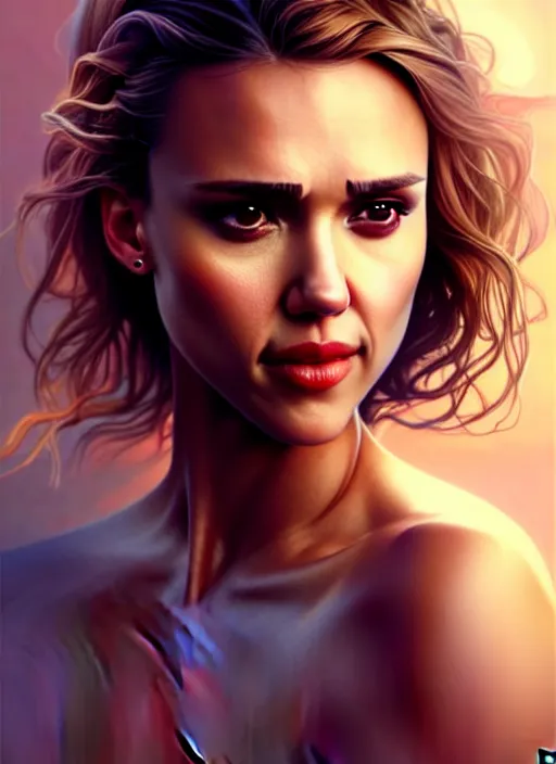 Image similar to half Jessica Alba half Nathalie Portman half scarlett johansonna pure seductive angel, full body portrait, slight smile, diffuse natural sun lights, autumn lights, highly detailed, digital painting, artstation, concept art, sharp focus, illustration, art by wlop and greg rutkowski and alphonse mucha and artgerm