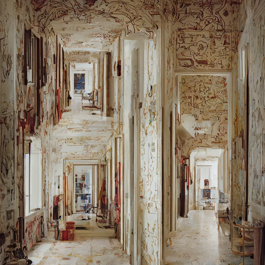 Image similar to photograph of a hallway in the style of Wes Anderson, architecture magazine, dezeen, 50mm, pentax, film