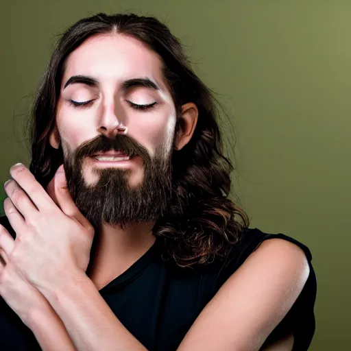 Prompt: creepy jesus christ hovering over a young woman rubbing her shoulder and sniffing her hair.