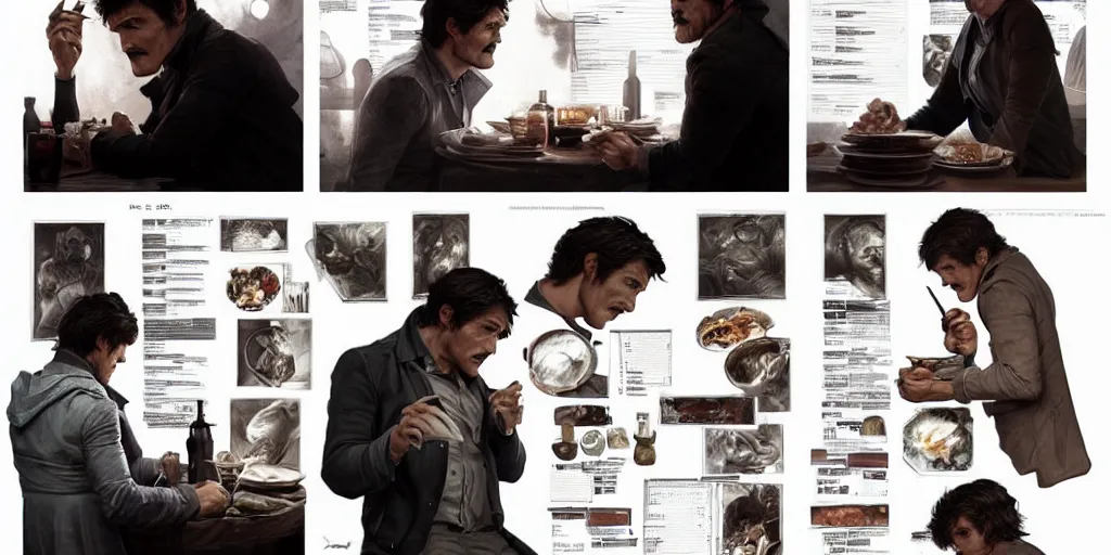 Prompt: pedro pascal eating dinner, character sheet, storyboard, character design, contrast, deep focus, turnaround, highly detailed, dramatic lighting, digital painting, artstation, concept art, matte, sharp focus, illustration, elegant, art by artgerm and greg f and alphonse mucha.