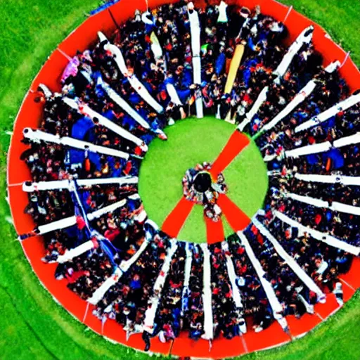 Prompt: Aerial photograph of sikkim people holding hands in a circle on top of a mountain, realistic